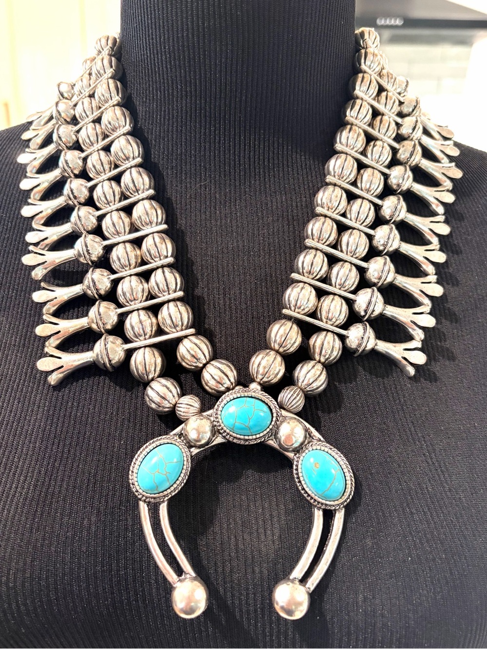 Western Faux Turquoise Squash Blossom Necklace – Heavy Statement Piece